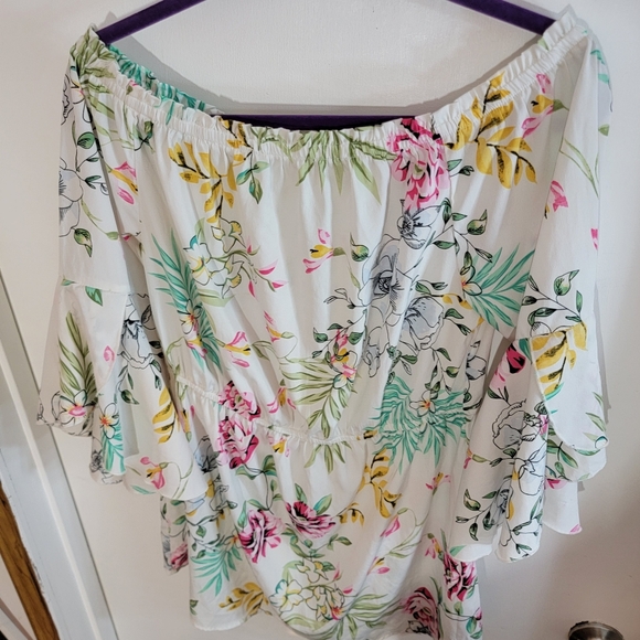 Floral Off-Shoulder Blouse - White with Pink and Green Accents - Picture 2 of 4